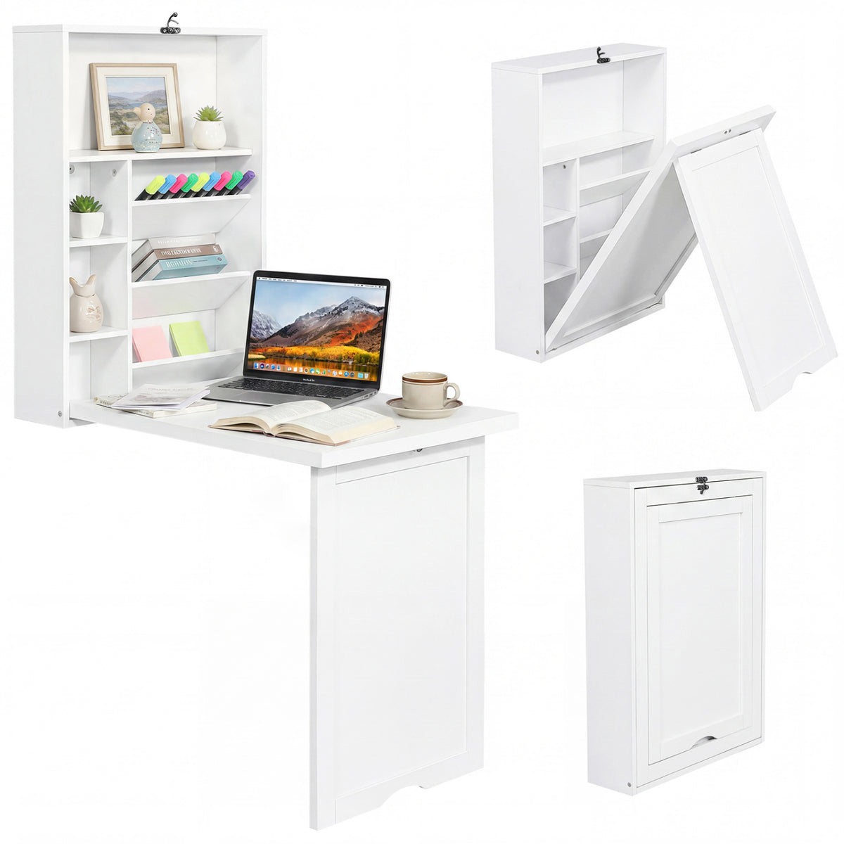 Wall-Mounted Folding Desk with Storage Cubes & Chalkboard - Black