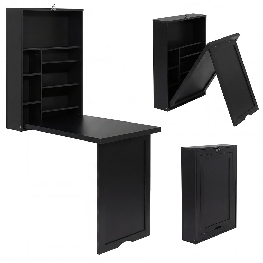 Wall-Mounted Fold-Out Desk with Adjustable Shelf - Black