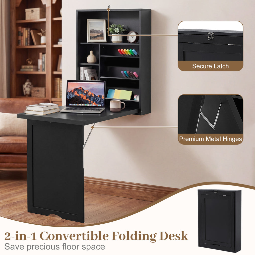 Wall-Mounted Fold-Out Desk with Adjustable Shelf - Black