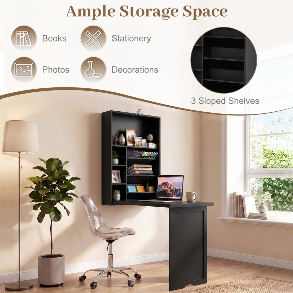 Wall-Mounted Fold-Out Desk with Adjustable Shelf - Black