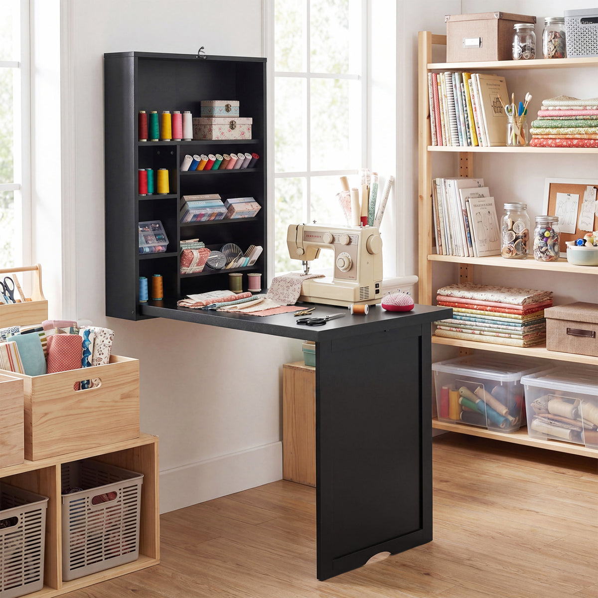 Wall-Mounted Fold-Out Desk with Adjustable Shelf - Black