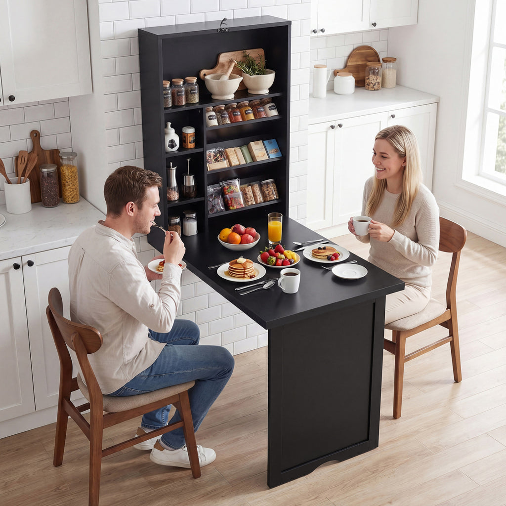 Wall-Mounted Fold-Out Desk with Adjustable Shelf - Black