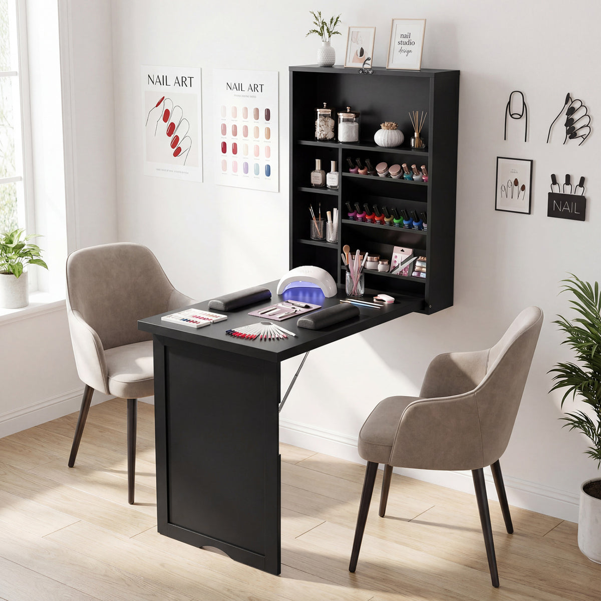 Wall-Mounted Fold-Out Desk with Adjustable Shelf - Black