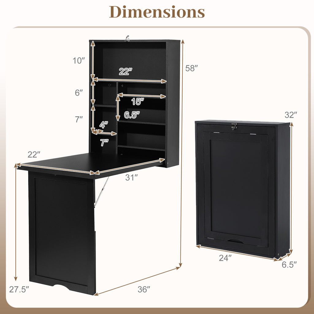 Wall-Mounted Fold-Out Desk with Adjustable Shelf - Black