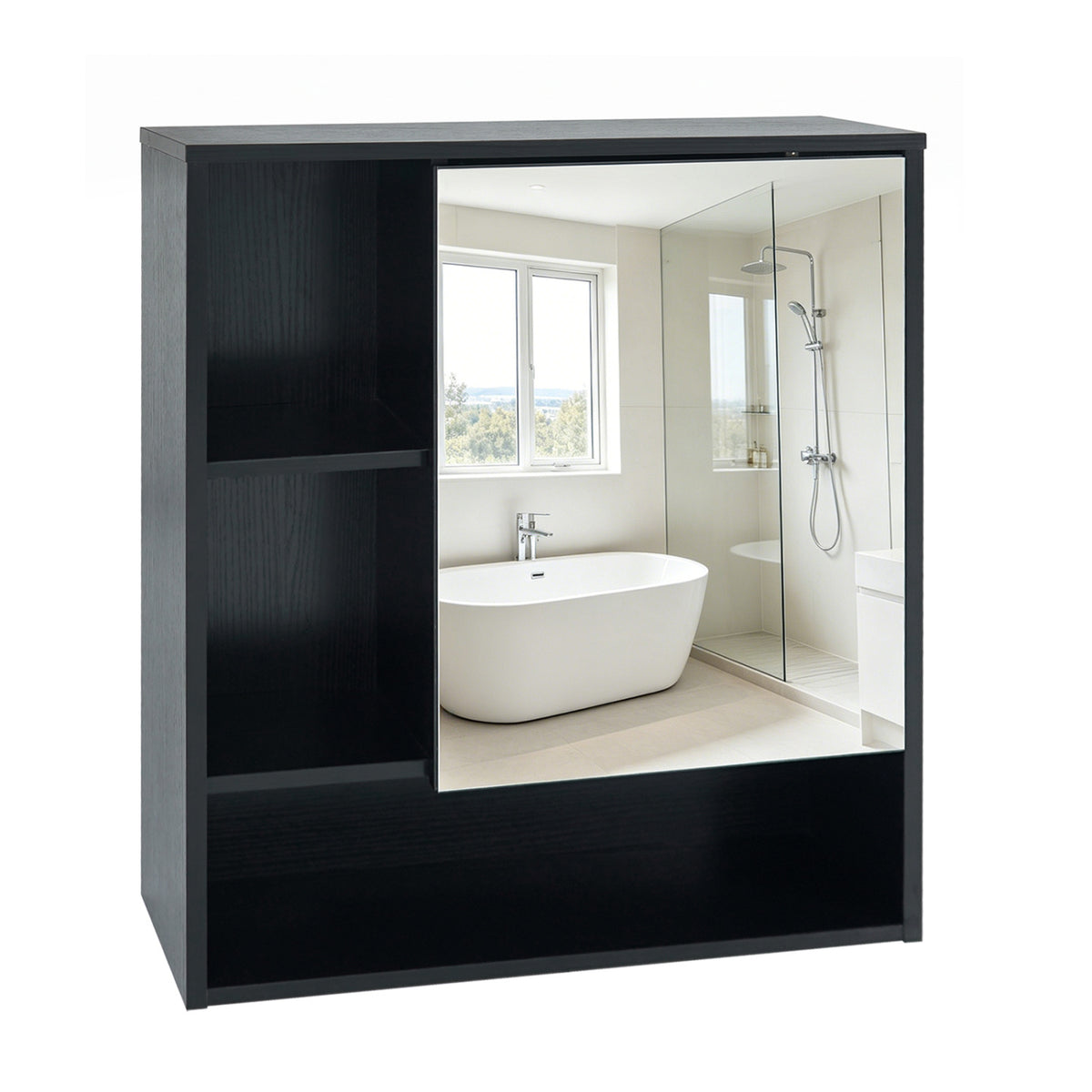 Wall-Mounted Mirror Cabinet with 2 Hidden Shelves and 3 Open
