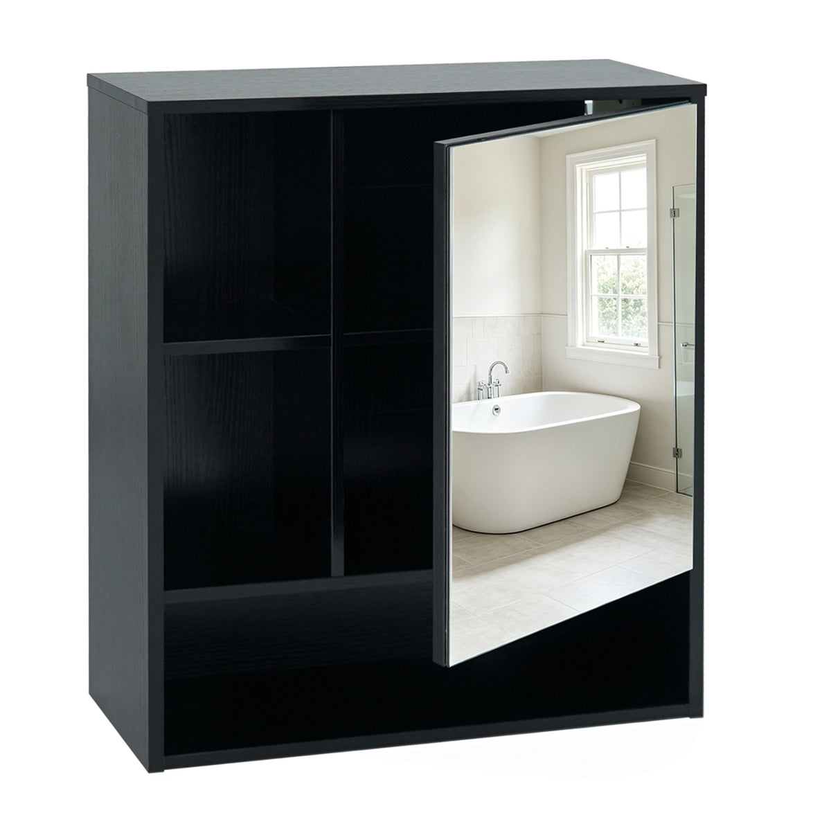 Wall-Mounted Mirror Cabinet with 2 Hidden Shelves and 3 Open