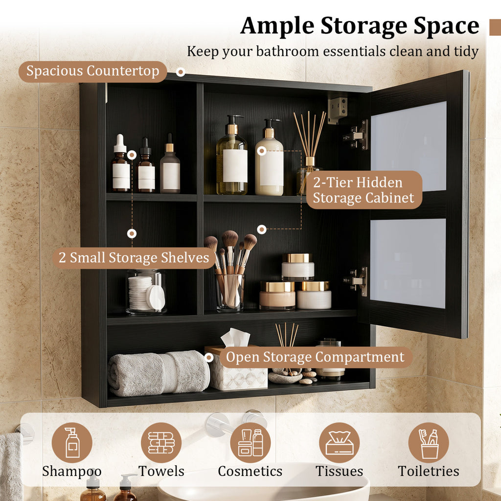 Wall-Mounted Mirror Cabinet with 2 Hidden Shelves and 3 Open
