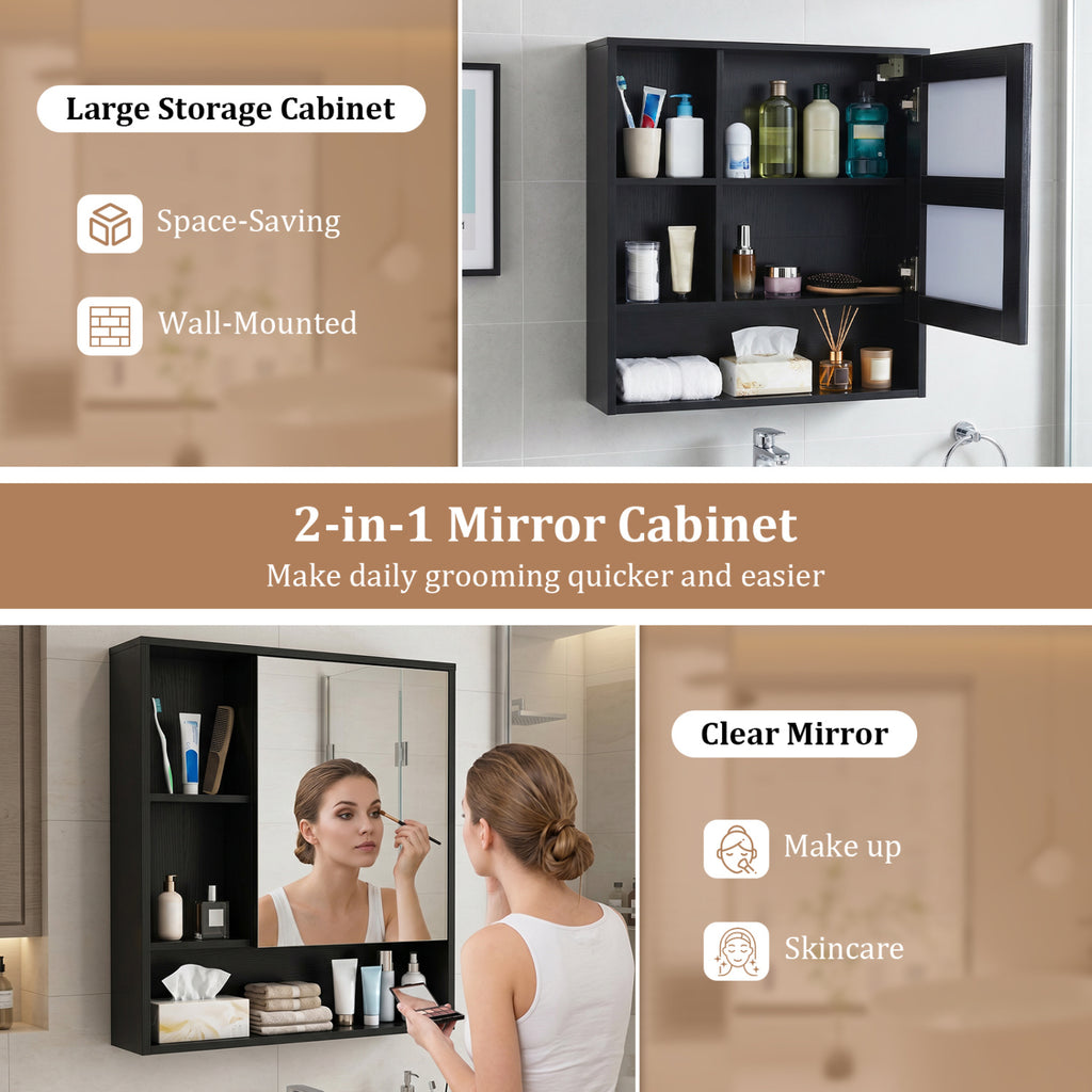 Wall-Mounted Mirror Cabinet with 2 Hidden Shelves and 3 Open