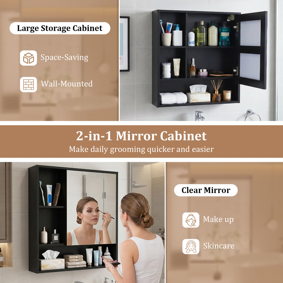 Wall-Mounted Mirror Cabinet with 2 Hidden Shelves and 3 Open
