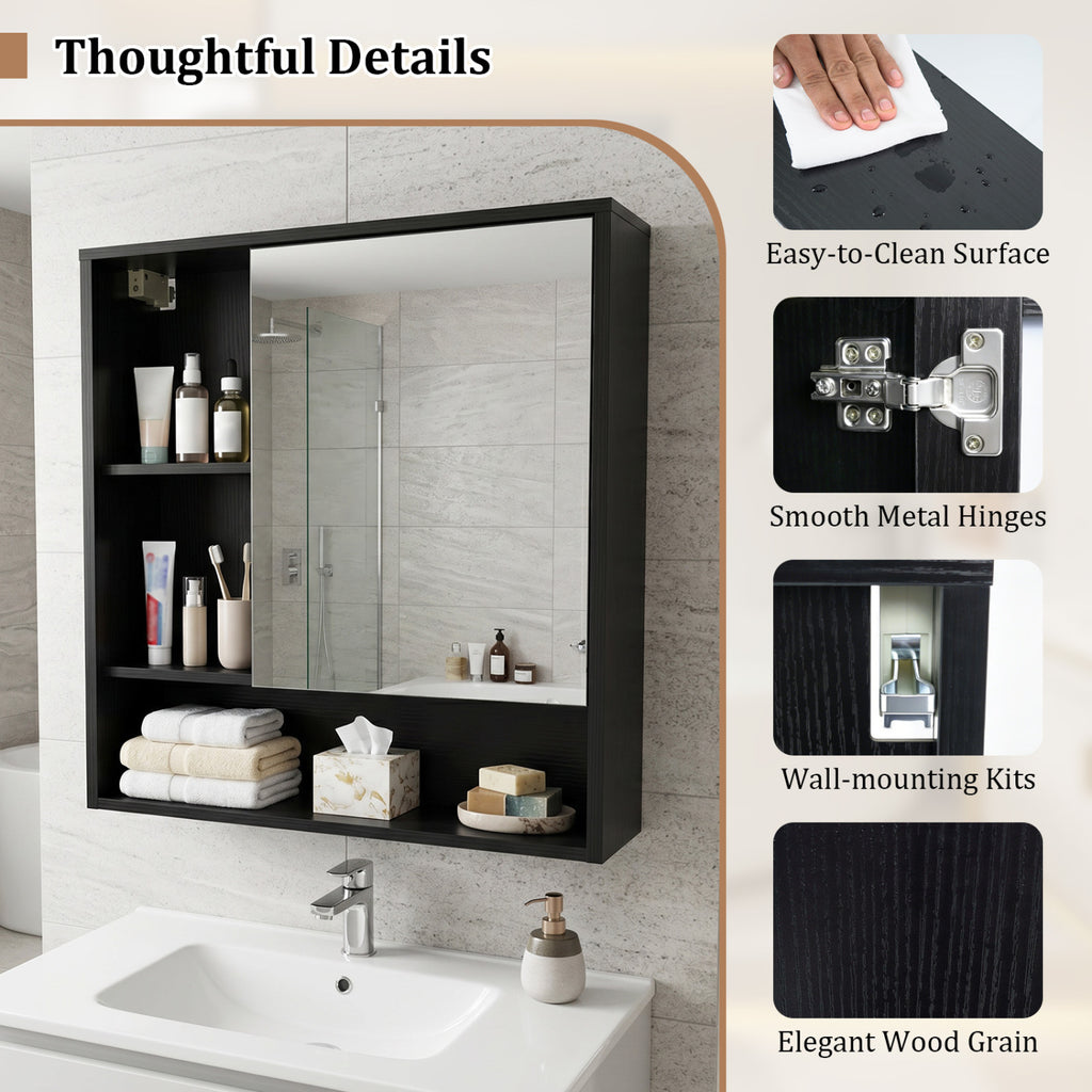 Wall-Mounted Mirror Cabinet with 2 Hidden Shelves and 3 Open