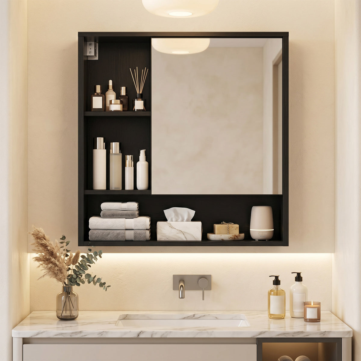 Wall-Mounted Mirror Cabinet with 2 Hidden Shelves and 3 Open