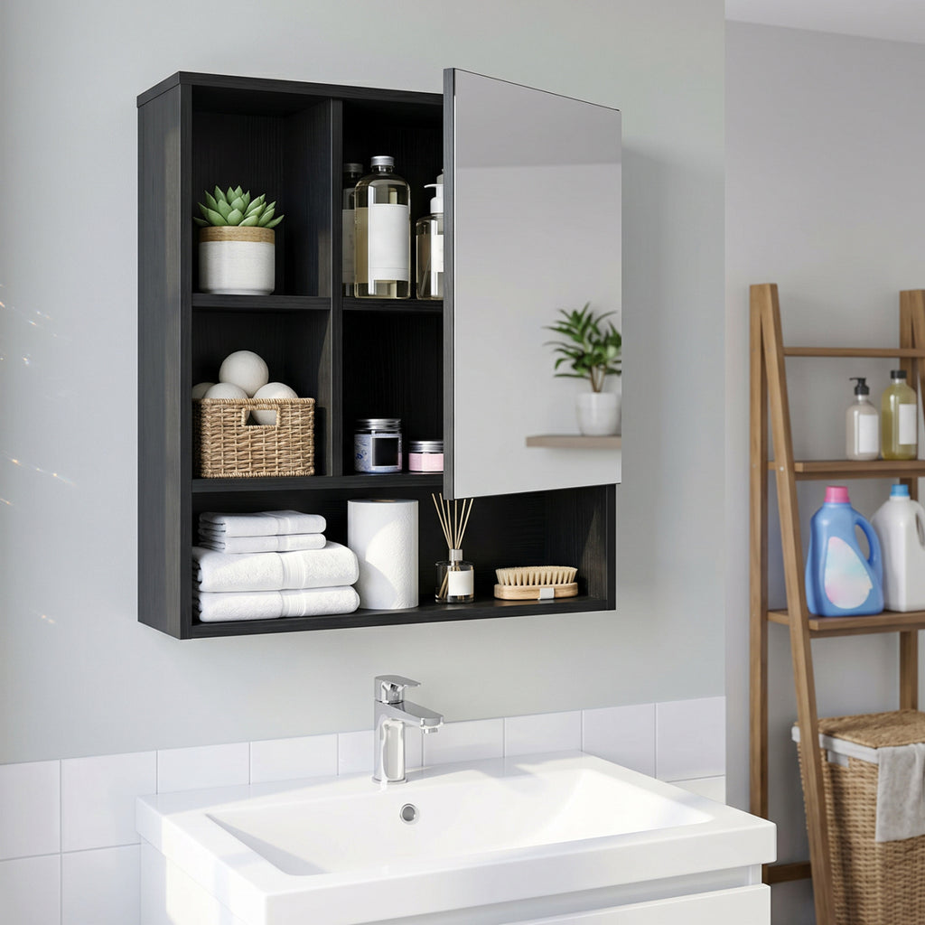 Wall-Mounted Mirror Cabinet with 2 Hidden Shelves and 3 Open
