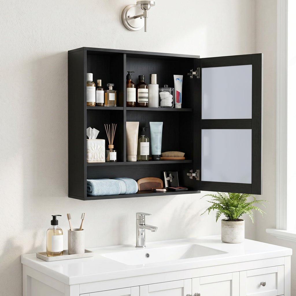 Wall-Mounted Mirror Cabinet with 2 Hidden Shelves and 3 Open