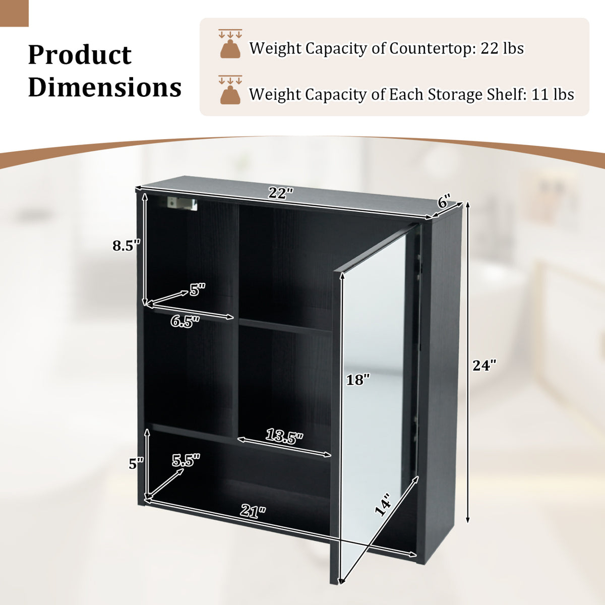 Wall-Mounted Mirror Cabinet with 2 Hidden Shelves and 3 Open