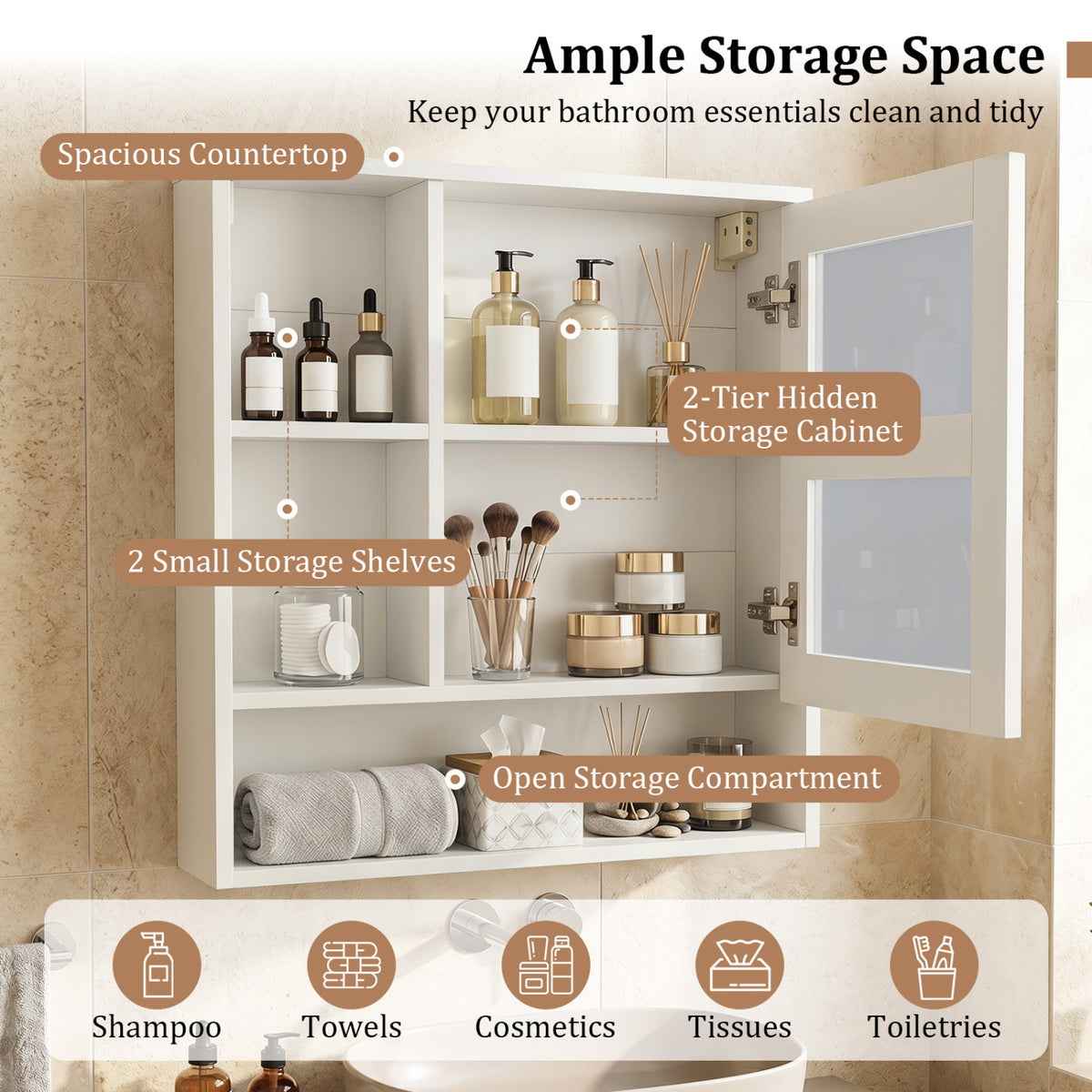 Wall-Mounted Mirror Cabinet with Shelves - White