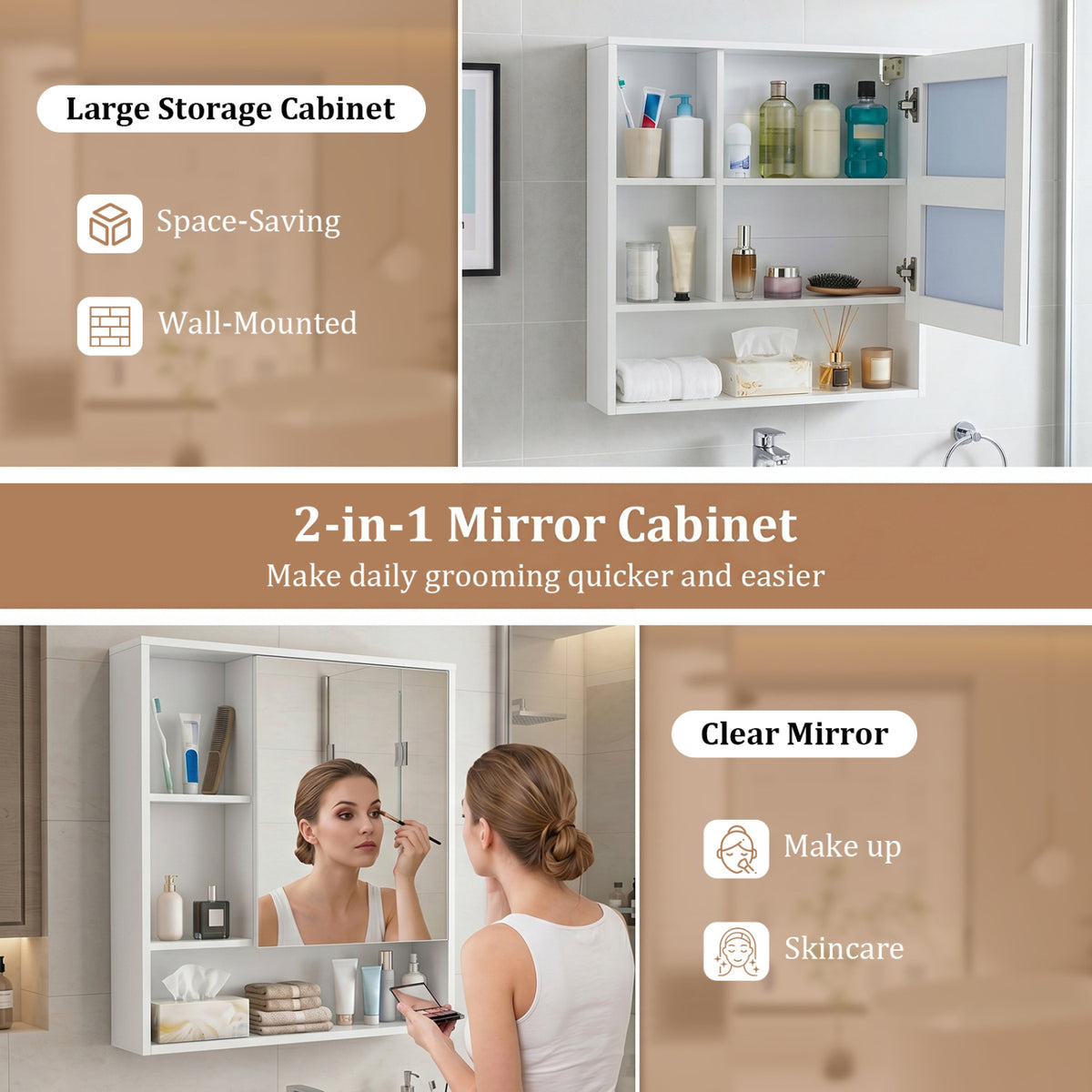 Wall-Mounted Mirror Cabinet with Shelves - White