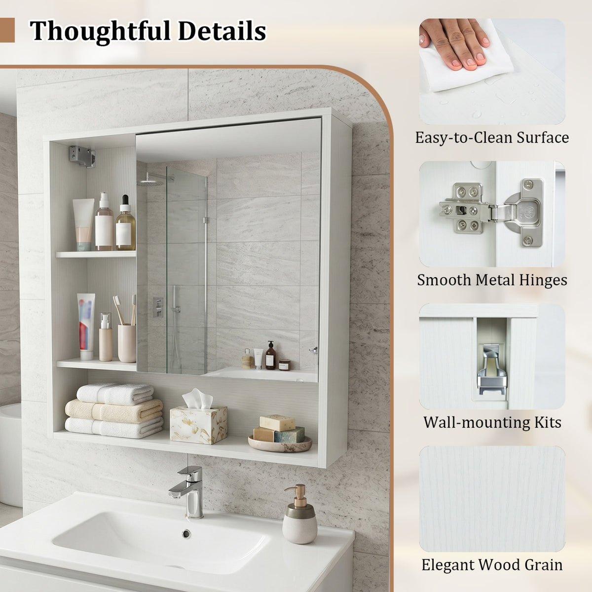 Wall-Mounted Mirror Cabinet with Shelves - White