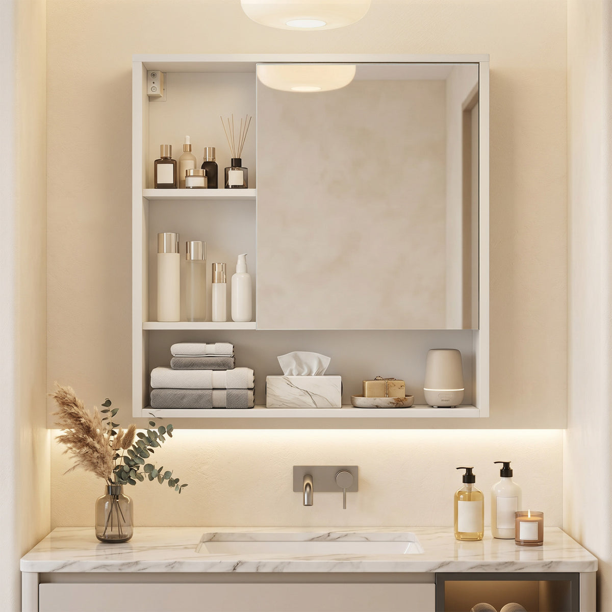 Wall-Mounted Mirror Cabinet with Shelves - White