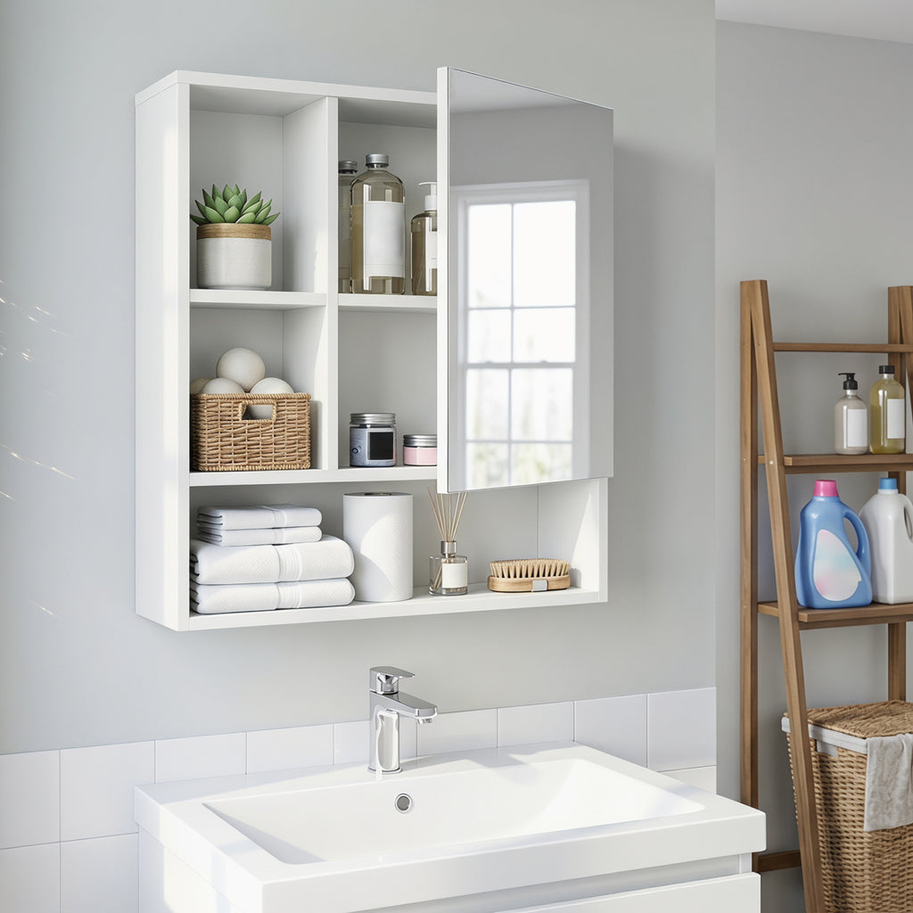 Wall-Mounted Mirror Cabinet with Shelves - White
