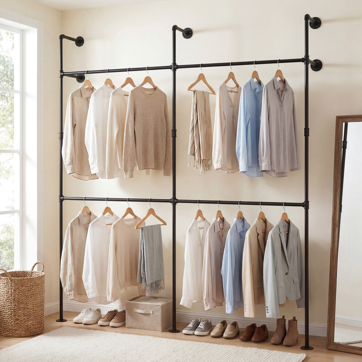 Wall Mounted Clothing Rack with 4 Hanging Rods - Black