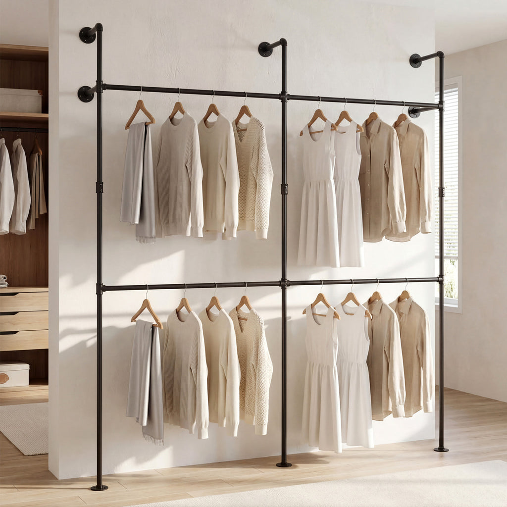 Wall Mounted Clothing Rack with 4 Hanging Rods - Black