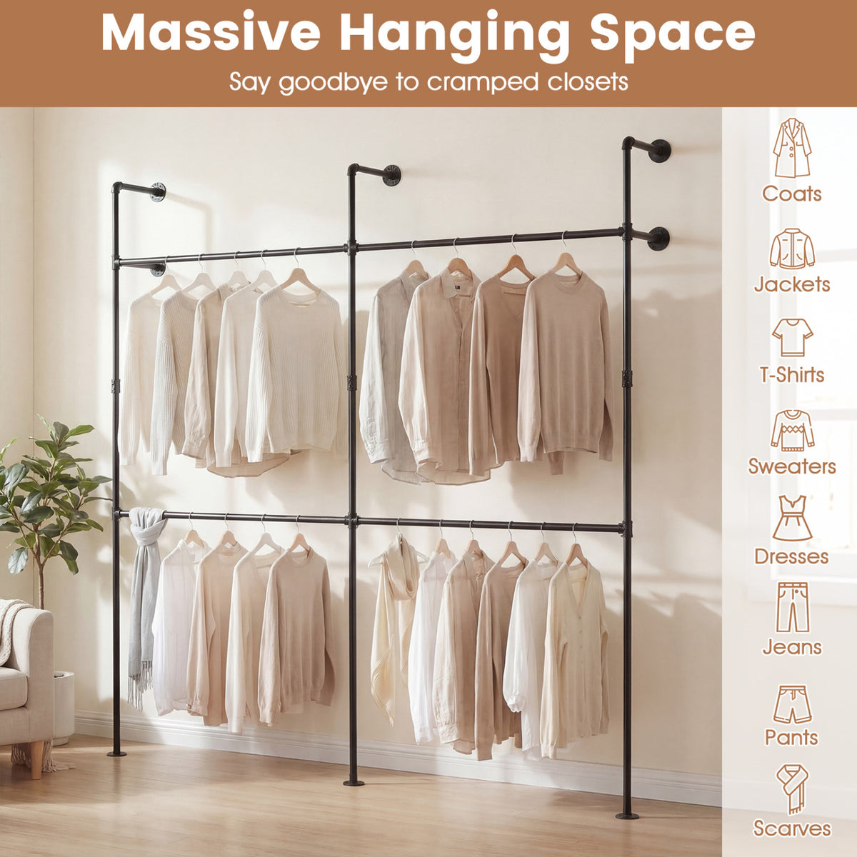Wall Mounted Clothing Rack with 4 Hanging Rods - Black