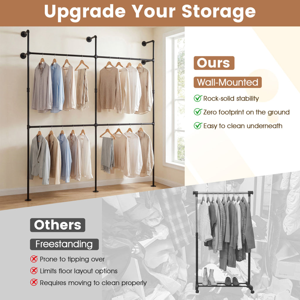 Wall Mounted Clothing Rack with 4 Hanging Rods - Black