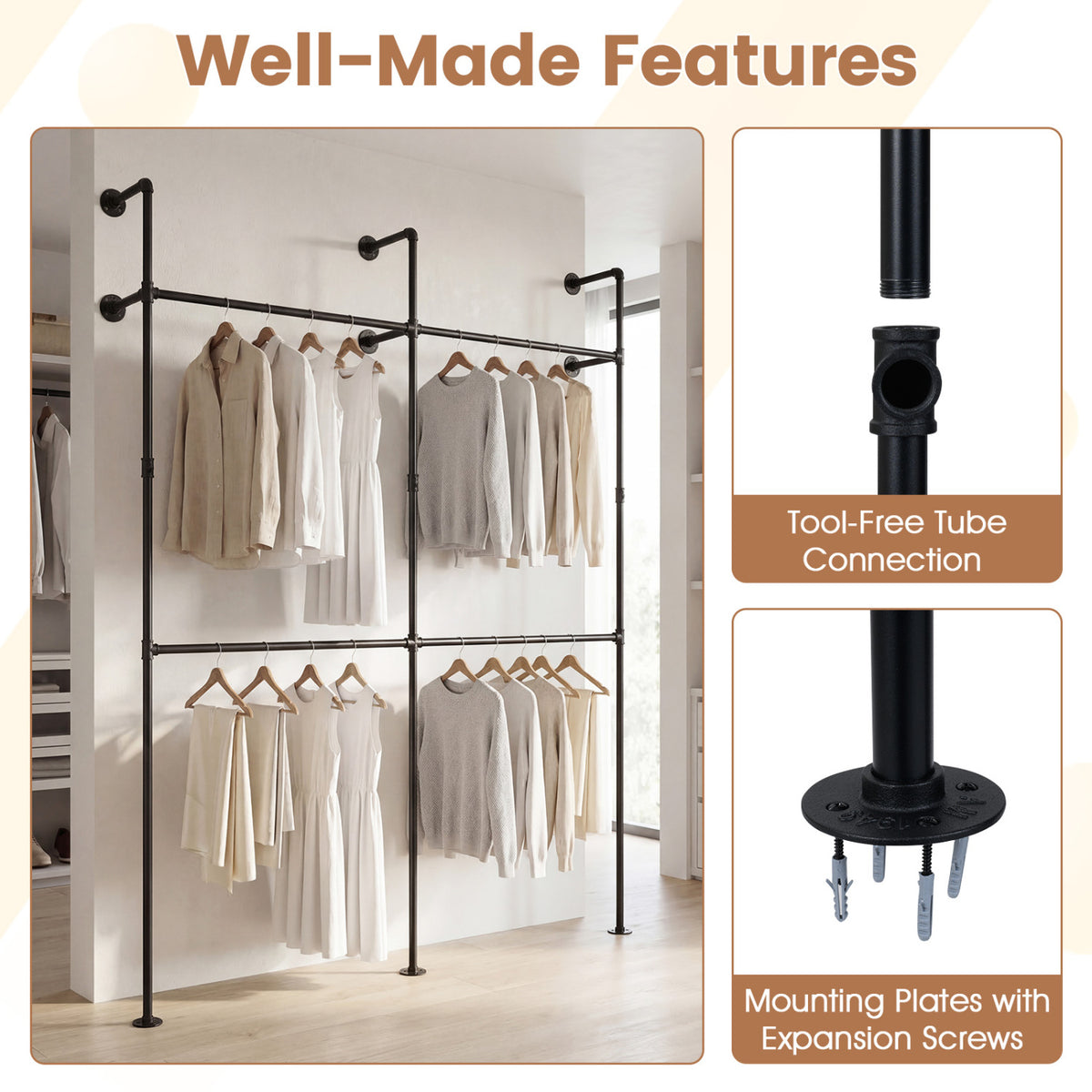 Wall Mounted Clothing Rack with 4 Hanging Rods - Black