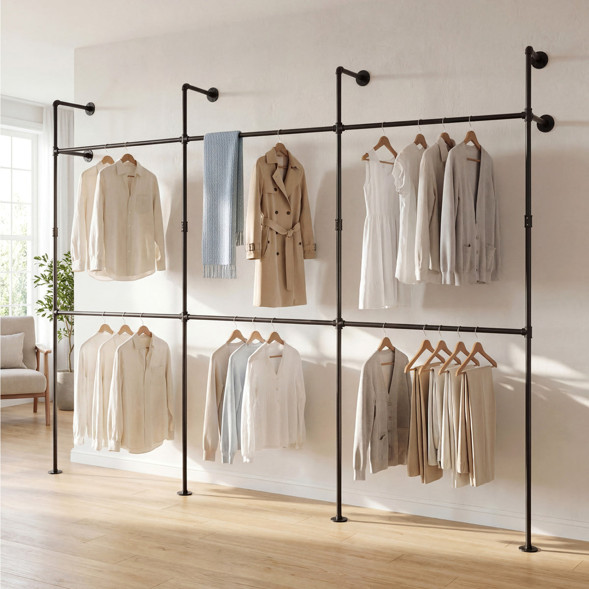 Wall Mounted Pipe Clothing Rack, 6 Rods - Black