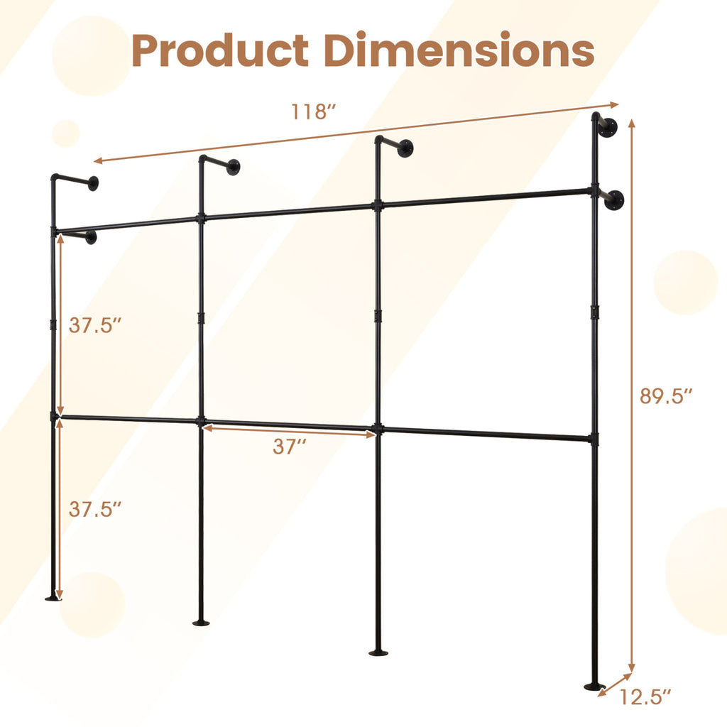 Wall Mounted Pipe Clothing Rack, 6 Rods - Black