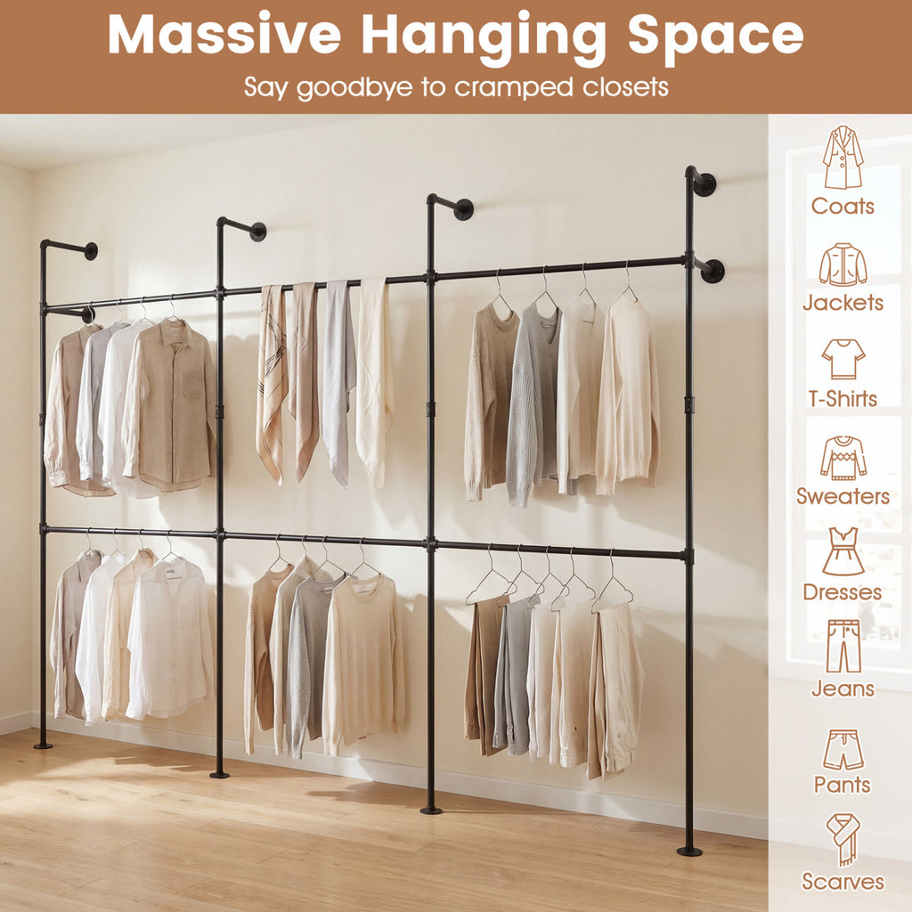 Wall Mounted Pipe Clothing Rack, 6 Rods - Black