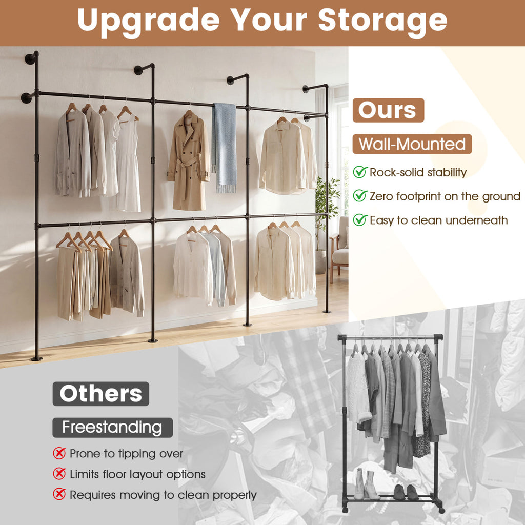 Wall Mounted Pipe Clothing Rack, 6 Rods - Black