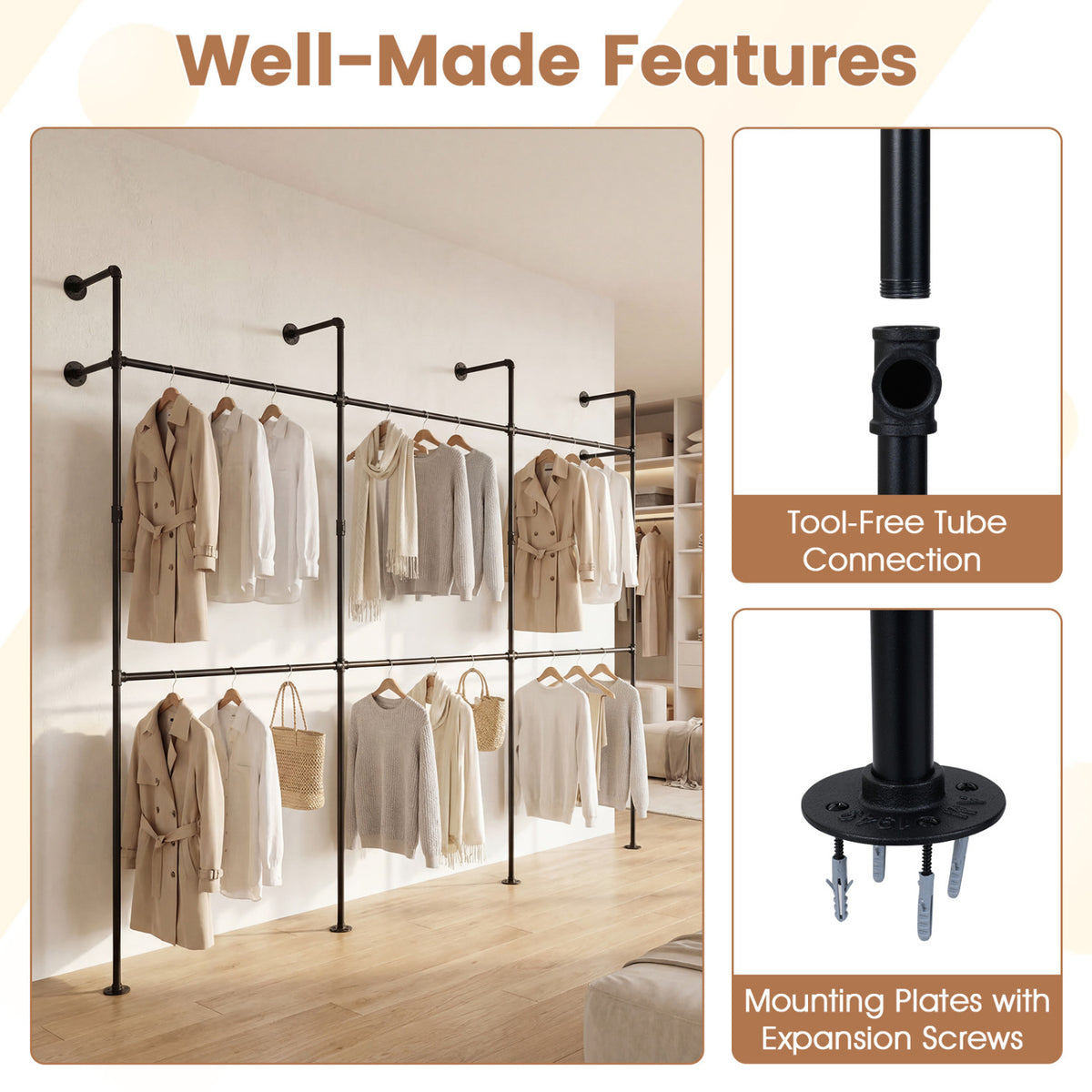 Wall Mounted Pipe Clothing Rack, 6 Rods - Black