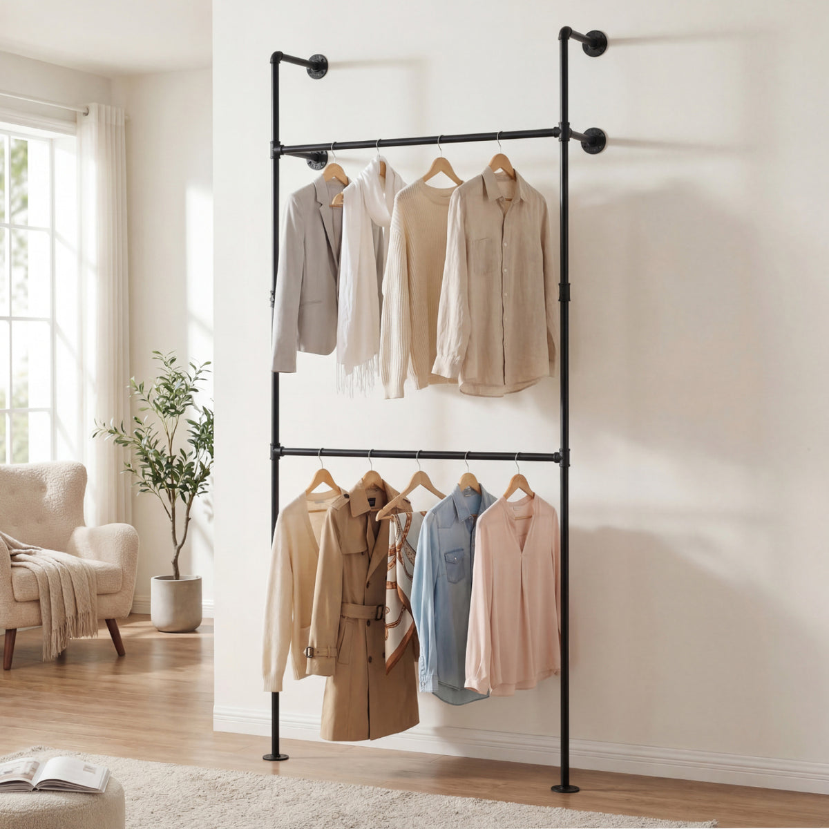 Wall Mounted Pipe Clothing Rack, 2 Hanging Rods - Black