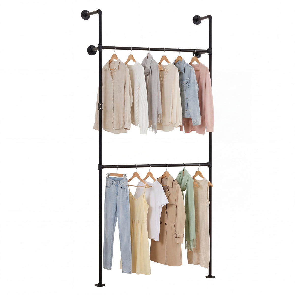 Wall Mounted Pipe Clothing Rack, 2 Hanging Rods - Black
