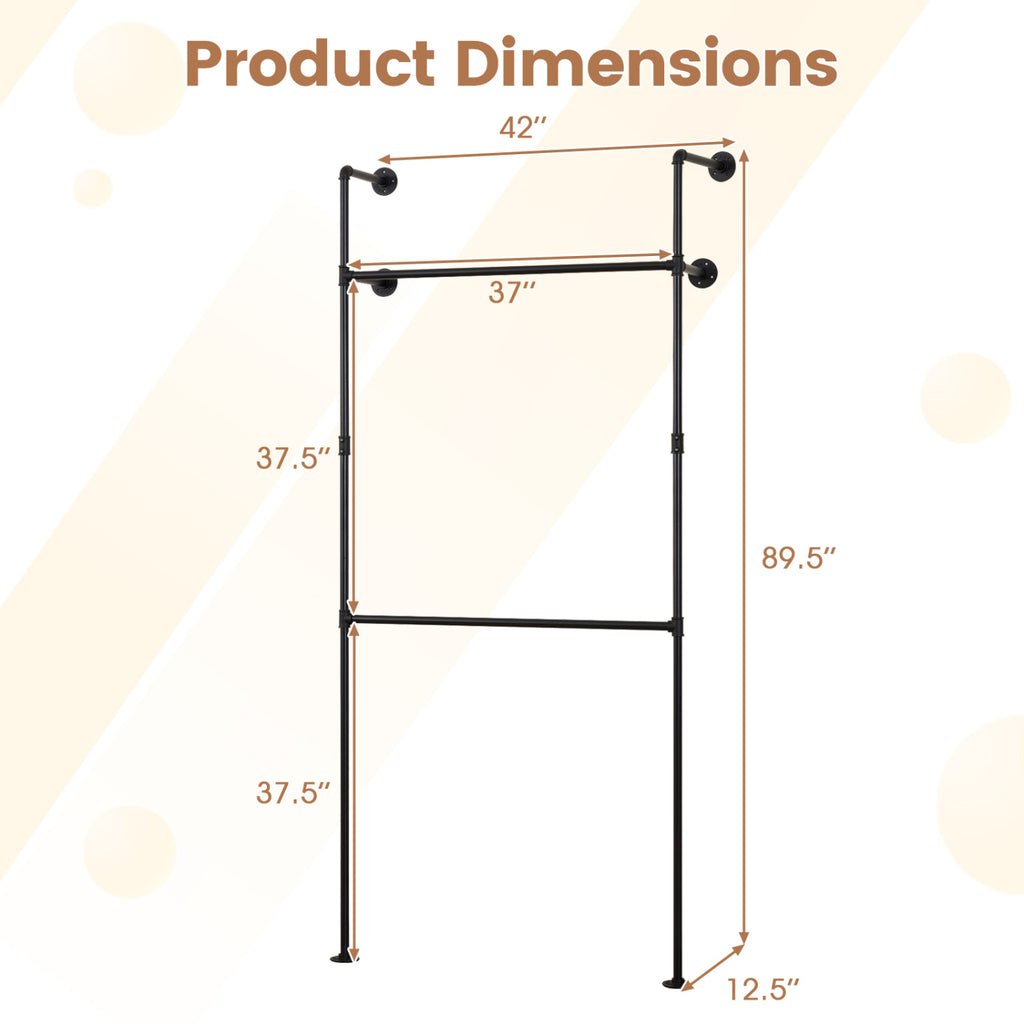 Wall Mounted Pipe Clothing Rack, 2 Hanging Rods - Black