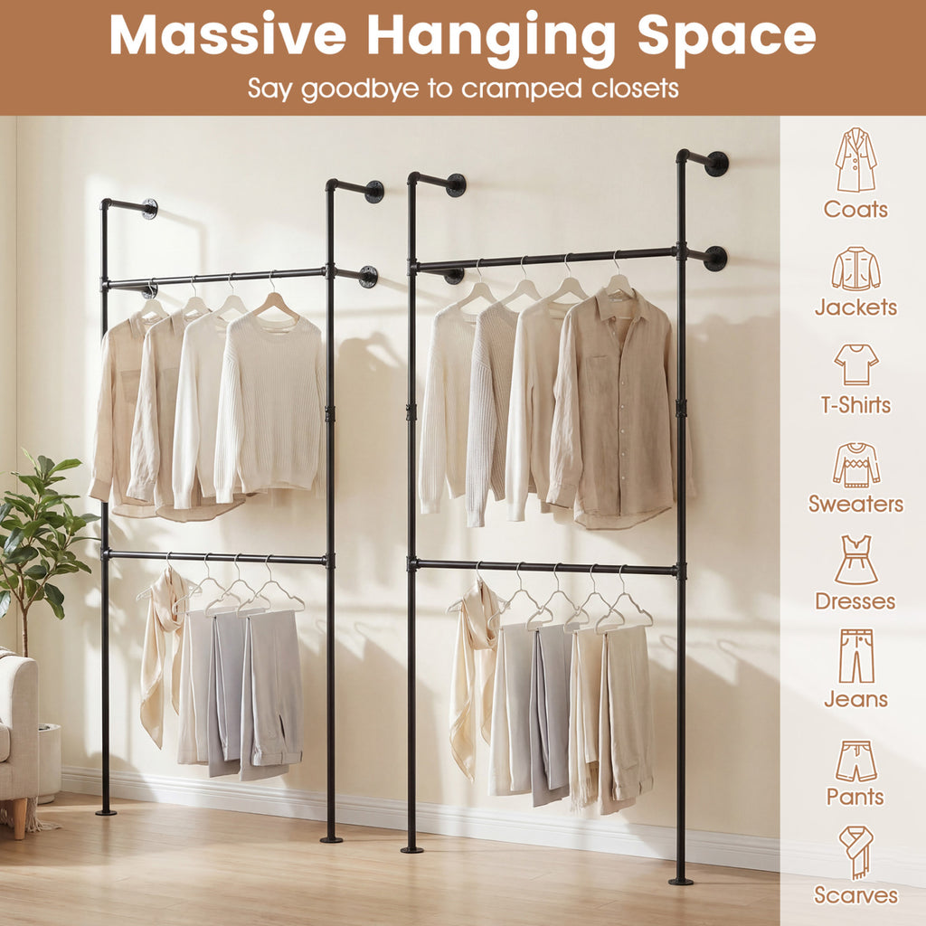 Wall Mounted Pipe Clothing Rack, 2 Hanging Rods - Black