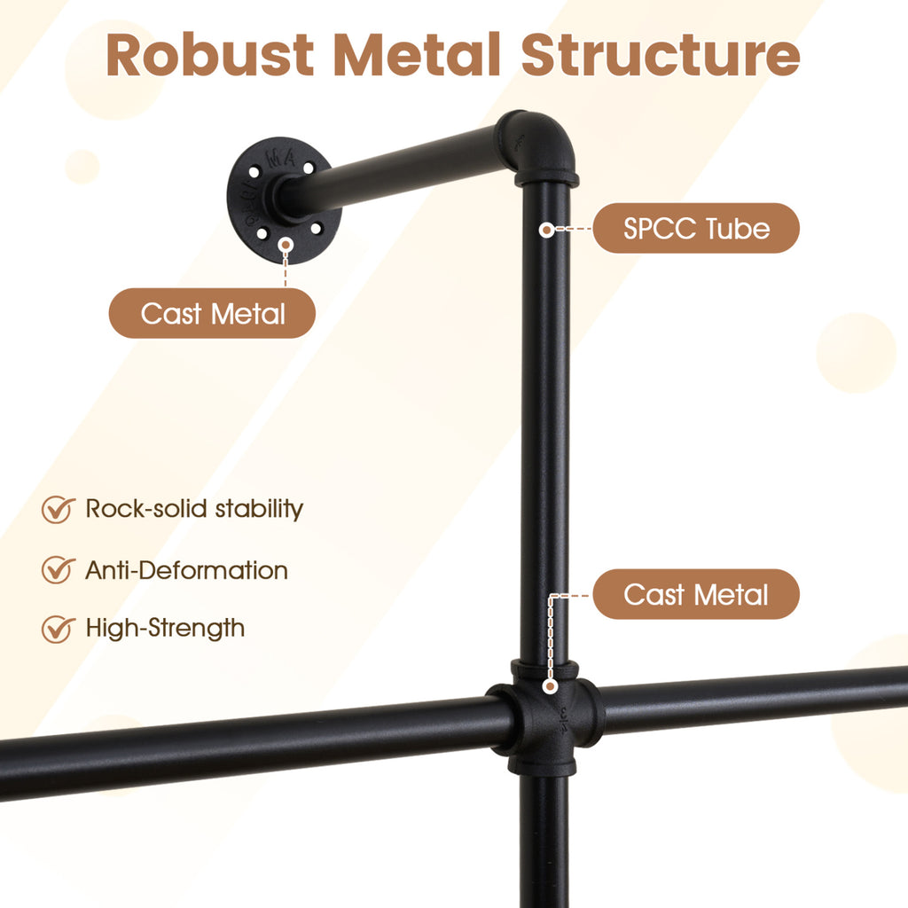 Wall Mounted Pipe Clothing Rack, 2 Hanging Rods - Black