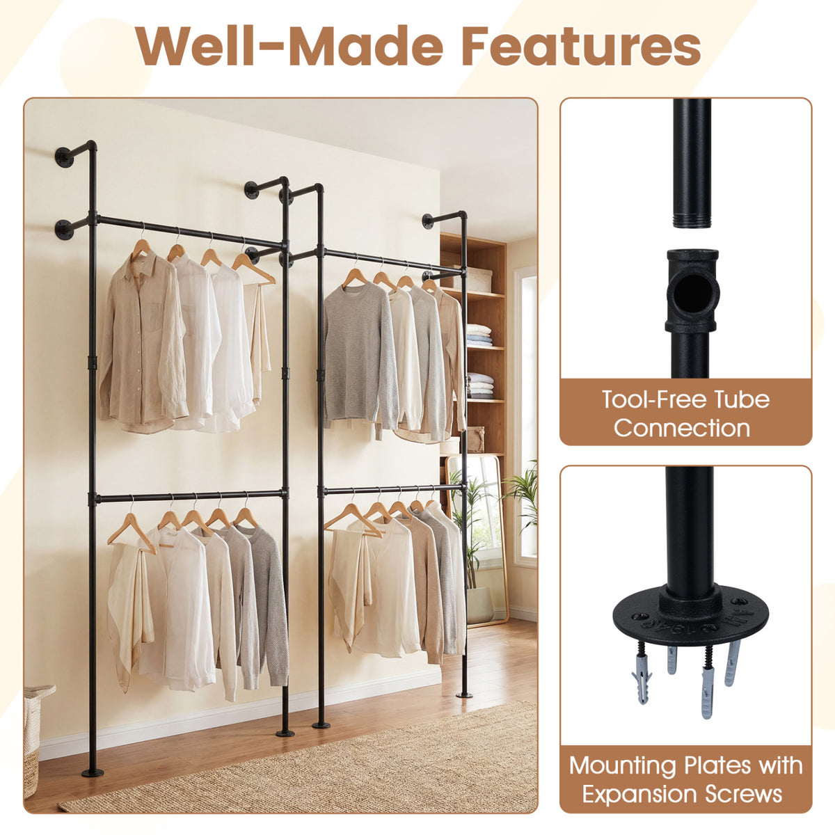 Wall Mounted Pipe Clothing Rack, 2 Hanging Rods - Black