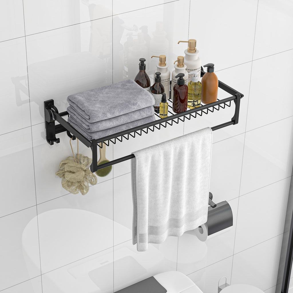 Wall-Mounted Towel Shelf with Bar & Hooks - Foldable