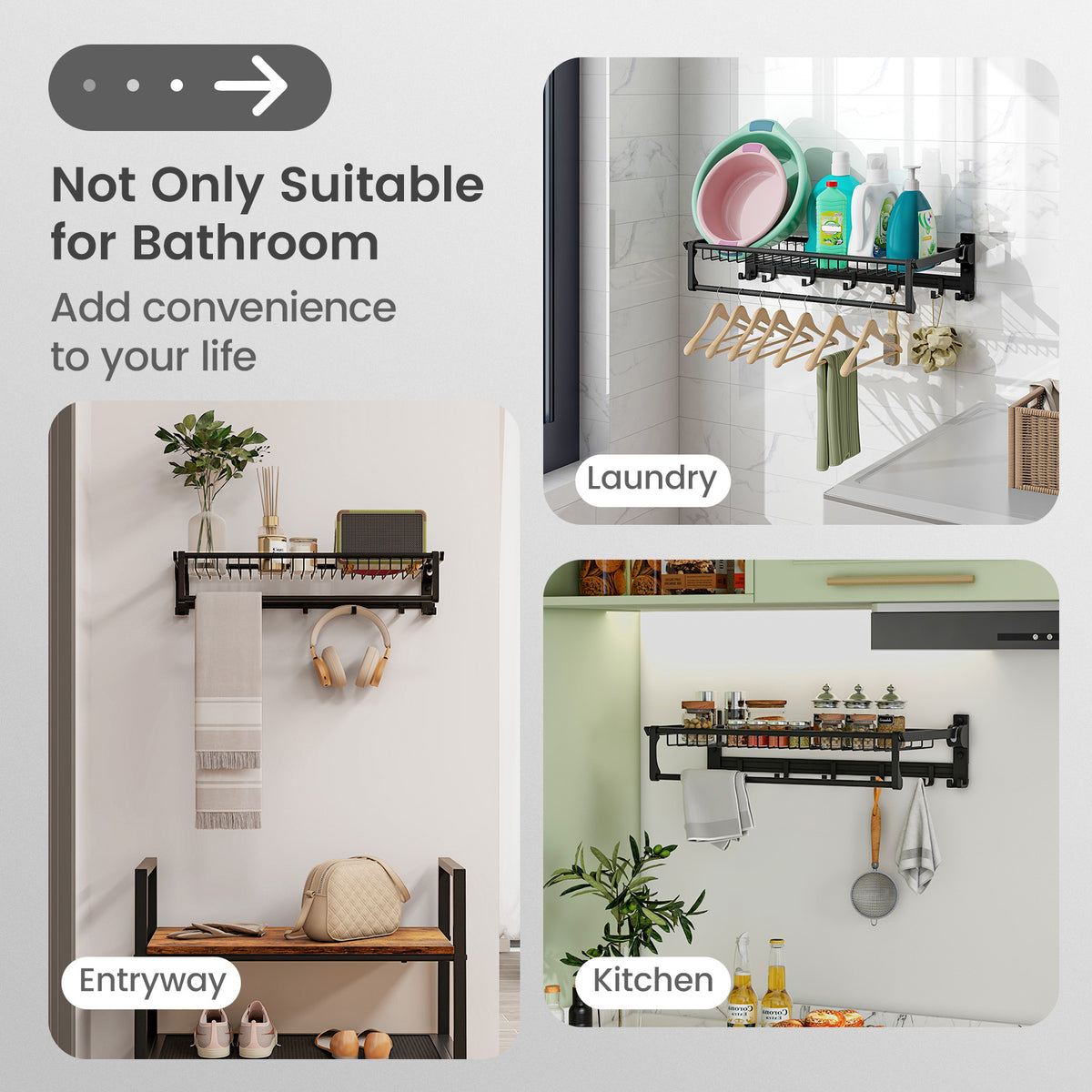Wall-Mounted Towel Shelf with Bar & Hooks - Foldable