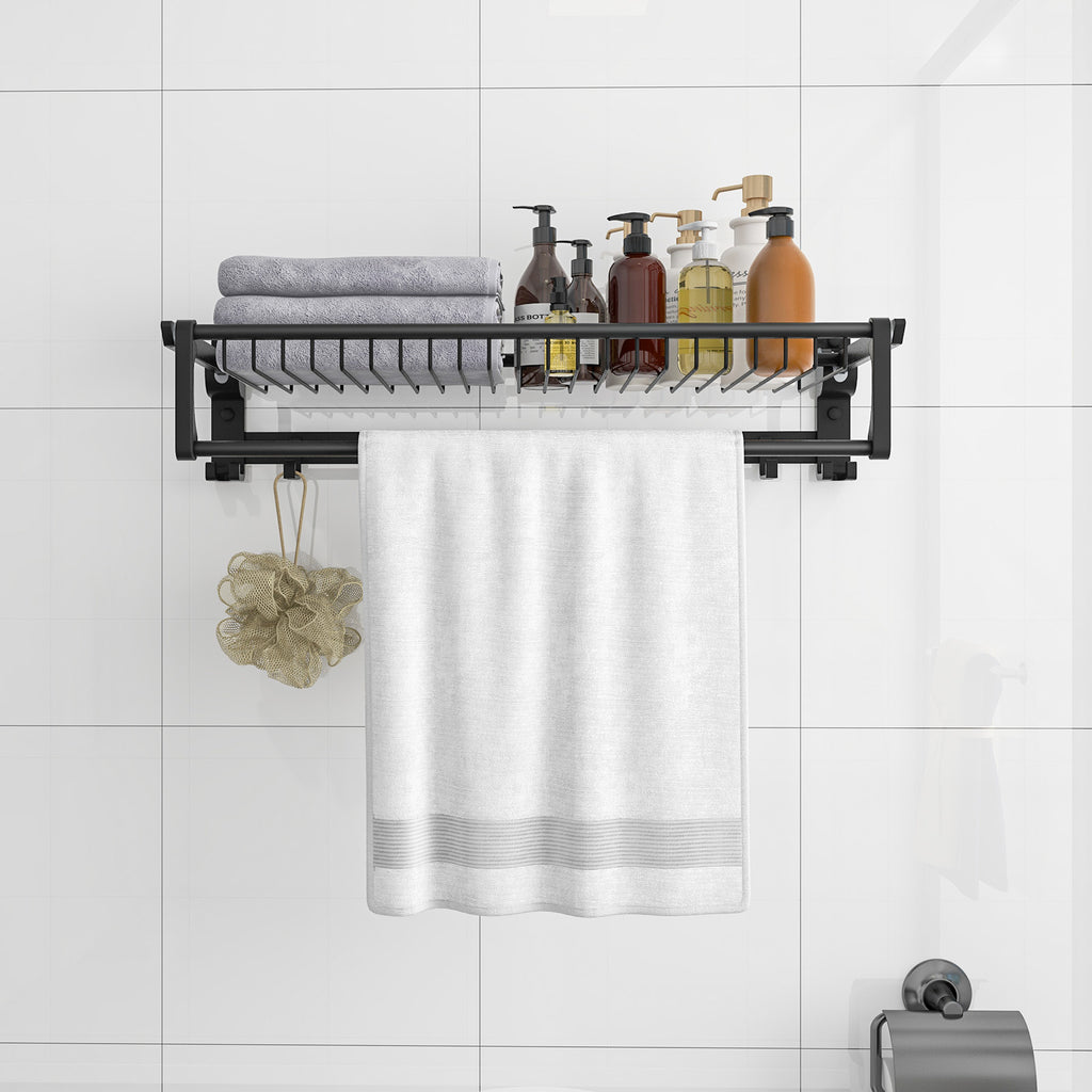 Wall-Mounted Towel Shelf with Bar & Hooks - Foldable