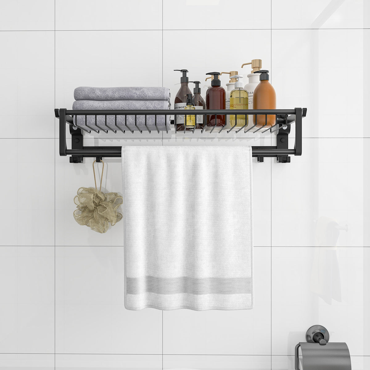 Wall-Mounted Towel Shelf with Bar & Hooks - Foldable