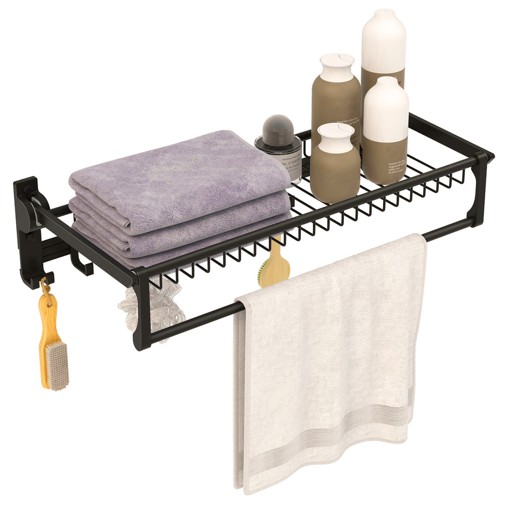 Wall-Mounted Towel Shelf with Bar & Hooks - Foldable