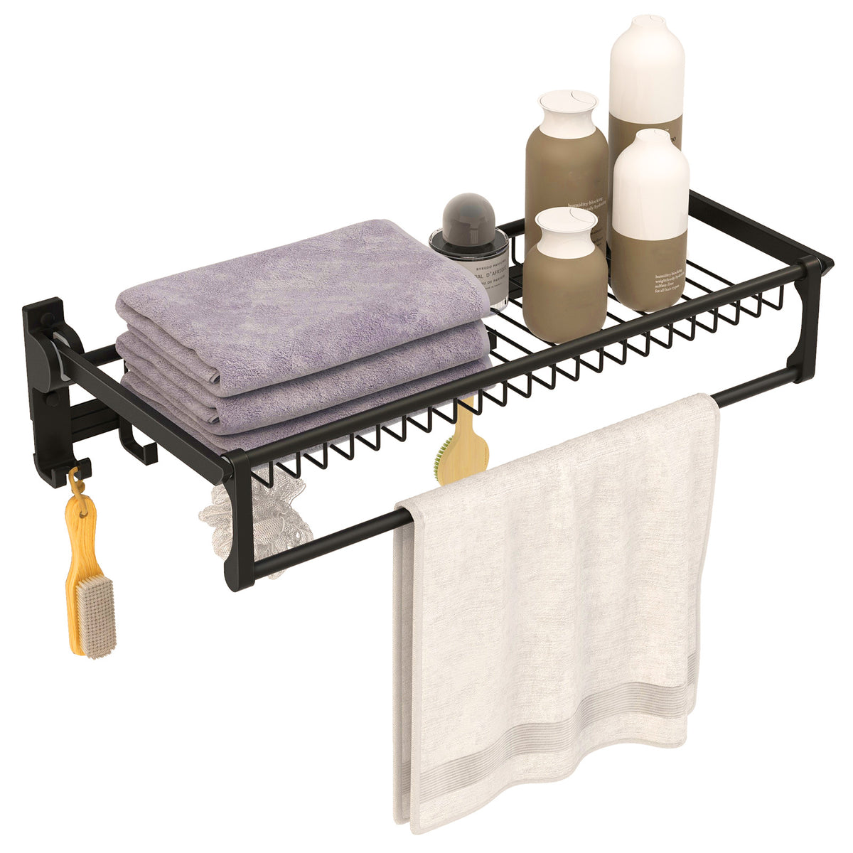 Wall-Mounted Towel Shelf with Bar & Hooks - Foldable