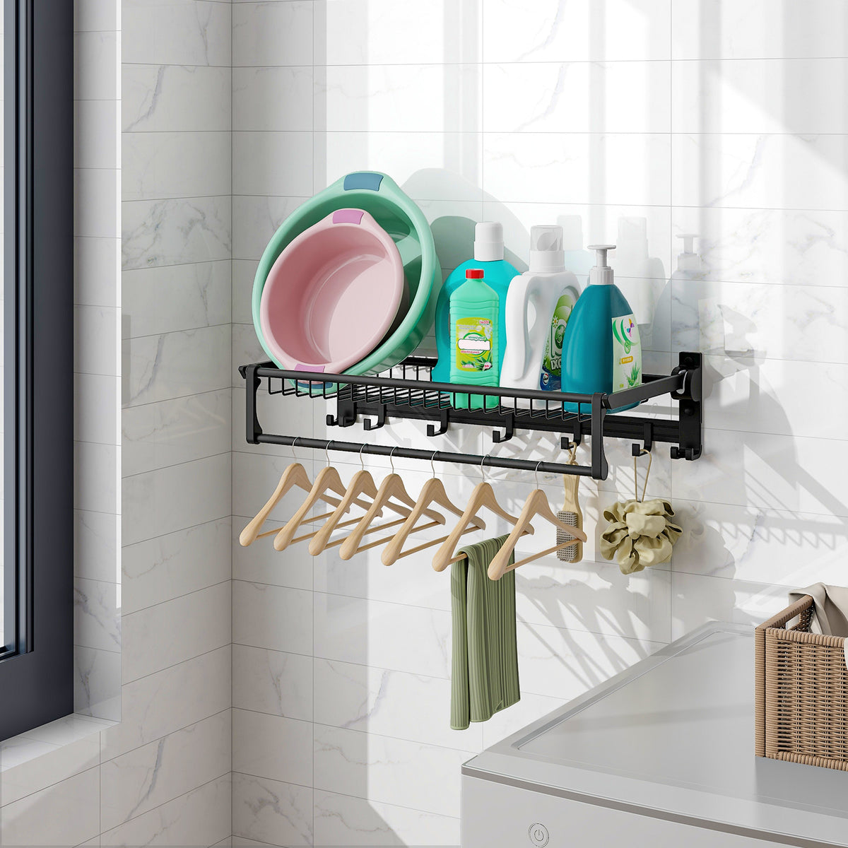 Wall-Mounted Towel Shelf with Bar & Hooks - Foldable