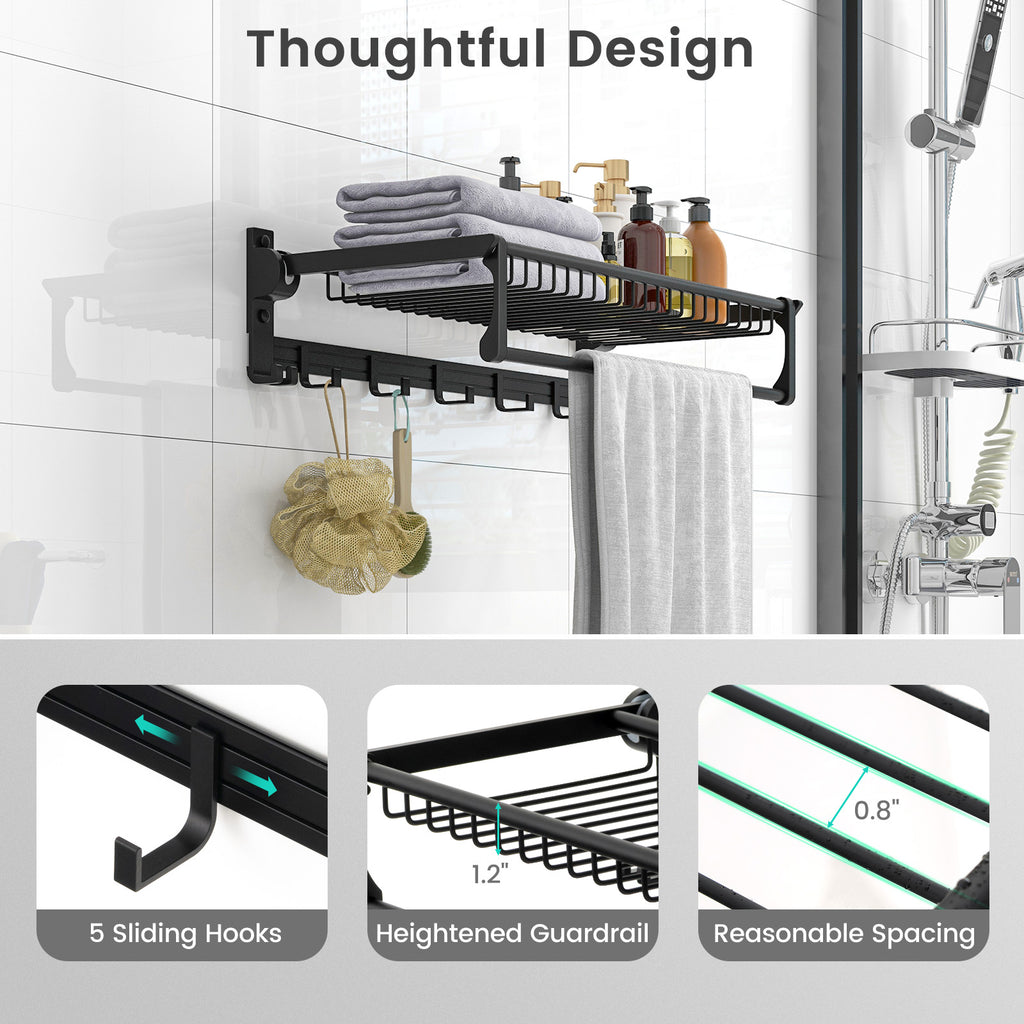 Wall-Mounted Towel Shelf with Bar & Hooks - Foldable