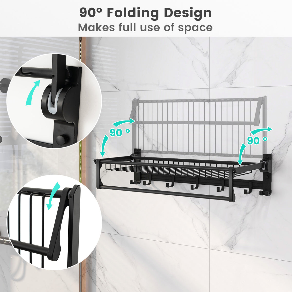 Wall-Mounted Towel Shelf with Bar & Hooks - Foldable