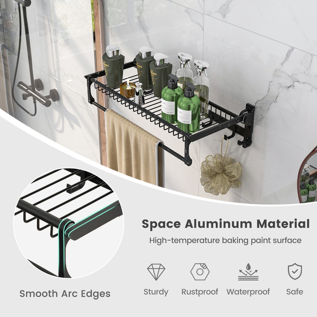 Wall-Mounted Towel Shelf with Bar & Hooks - Foldable