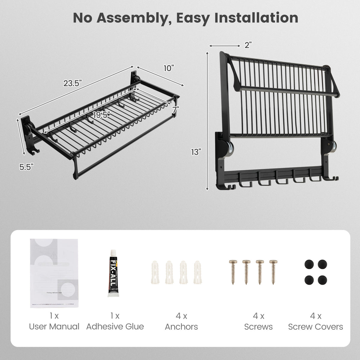 Wall-Mounted Towel Shelf with Bar & Hooks - Foldable